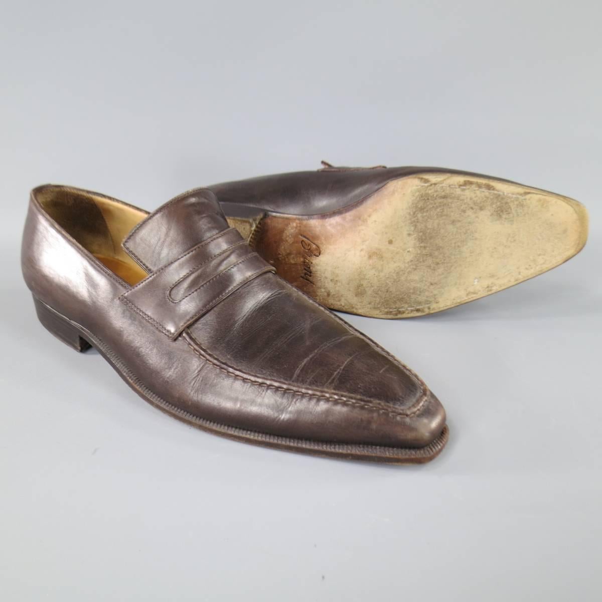 Men's BRIONI Size 11 Brown Leather Top Stitching Penny Loafers