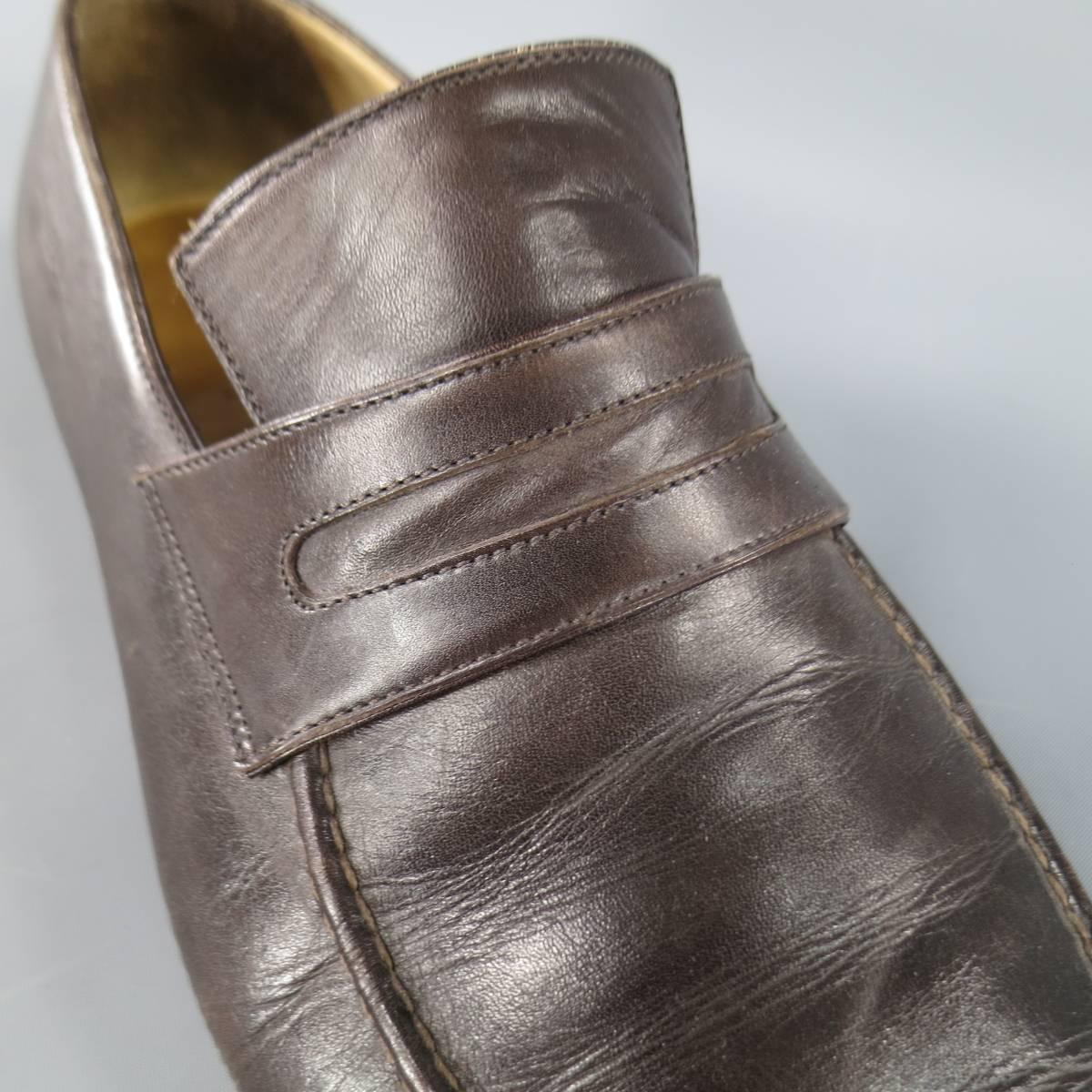 BRIONI Size 11 Brown Leather Top Stitching Penny Loafers 1