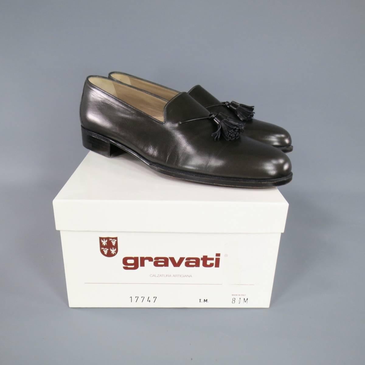 Vintage GRAVATI Size 8.5 Charcoal Leather Tassel Loafers 1