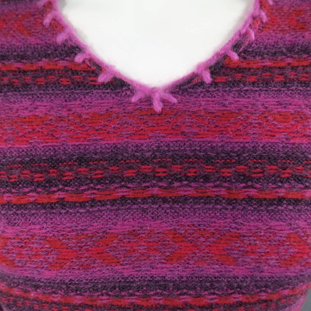 Comme des Garcons Pink and Red Fair Isle Wool V Neck Sweater, 1990s  In Excellent Condition In San Francisco, CA