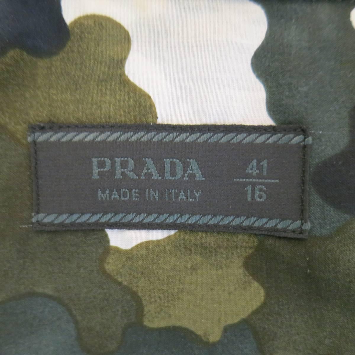 PRADA Men's Size L Olive Green Black & White Camouflage Long Sleeve Dress Shirt 1