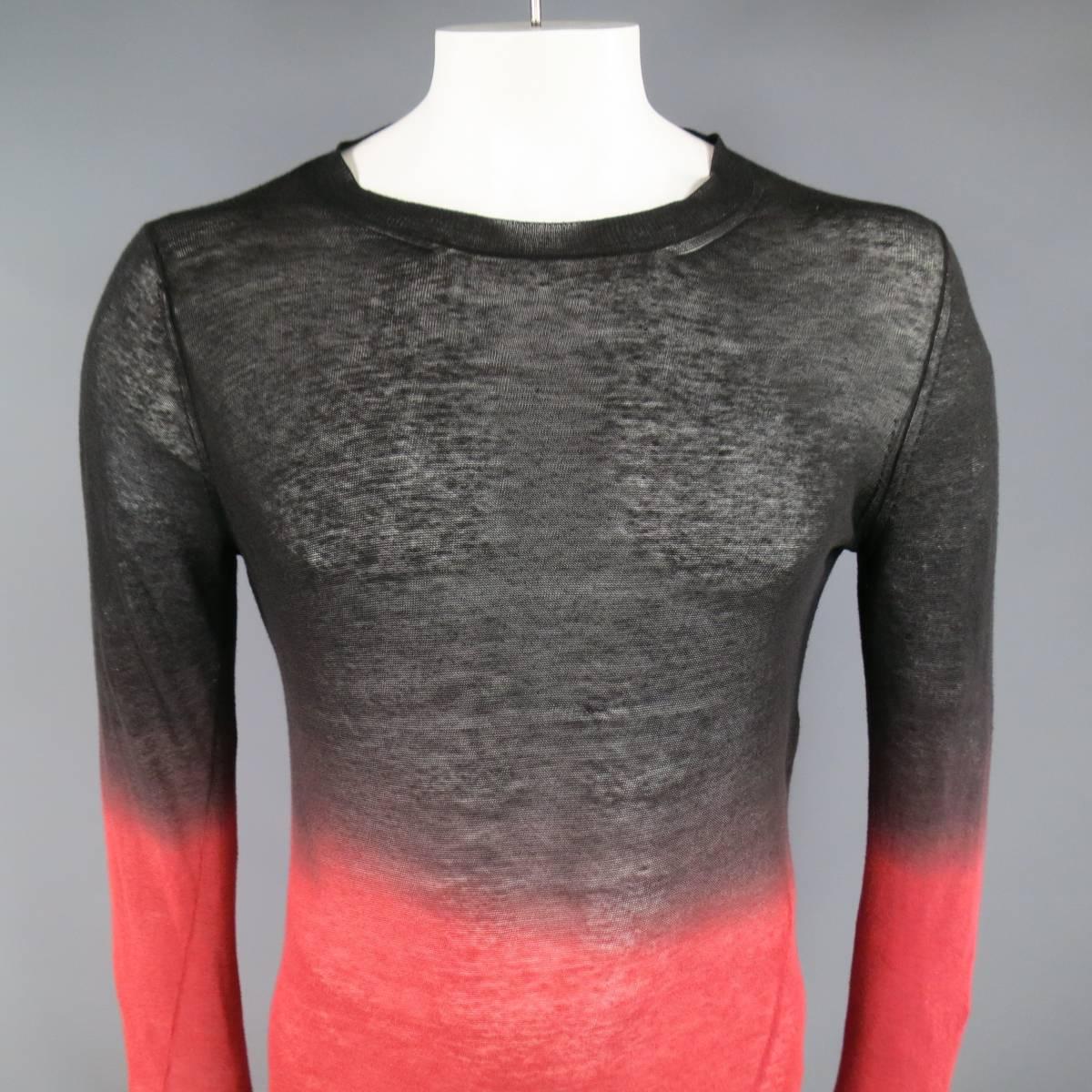 ANN DEMEULEMEESTER Pullover consists of cotton/ cashmere material in a two-toned color. Designed with a crew-neck collar, rib texture, elongated silhouette with see-through material. Bottom hem ombre's into a red color and mid sleeves.
Made in