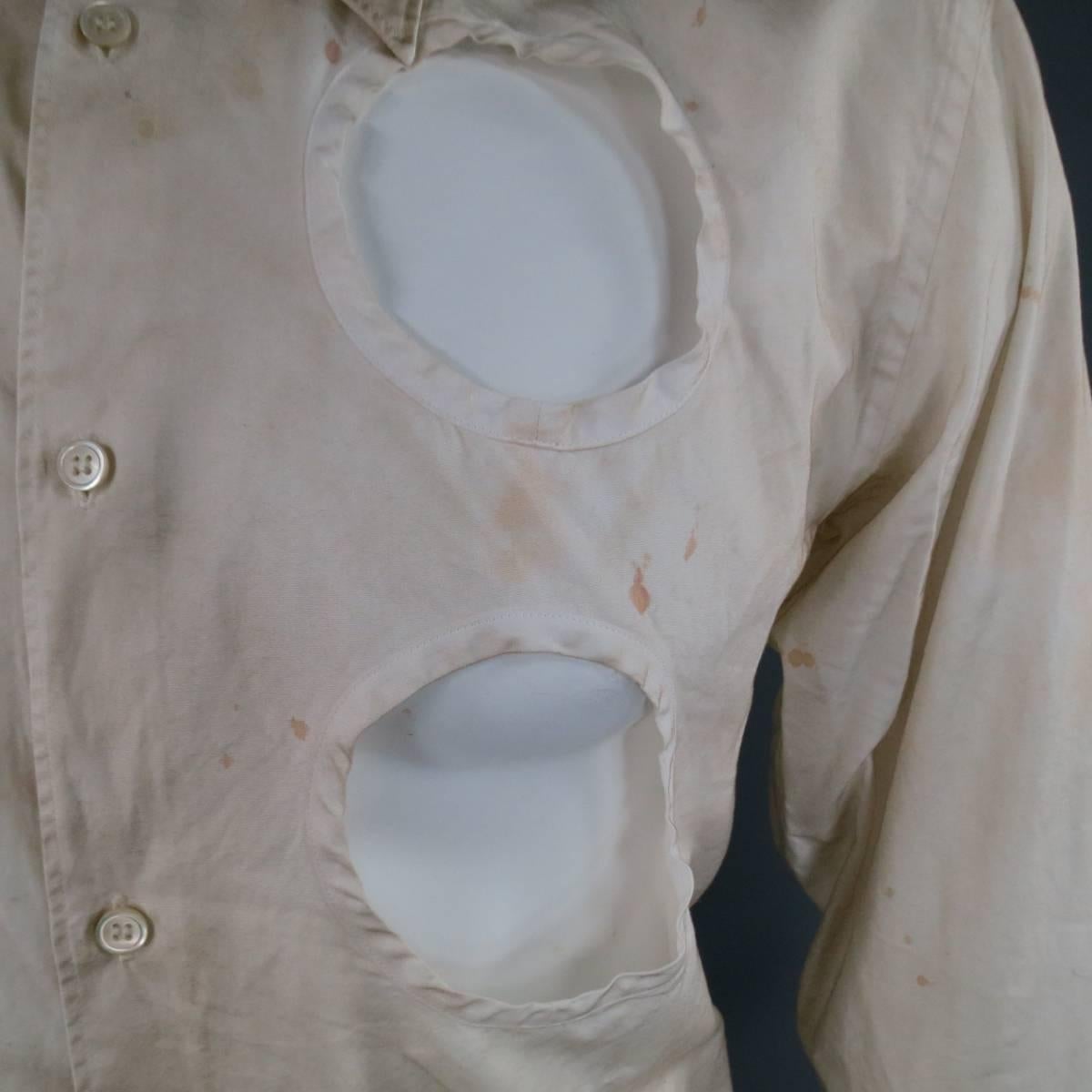 COMME des GARCONS Men's Size L Beige Dirty Wash Cotton Cutout Long Sleeve Shirt 2