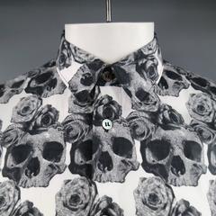 COMME des GARCONS Men's S Black & White Skull & Roses Cropped Sleeve Shirt