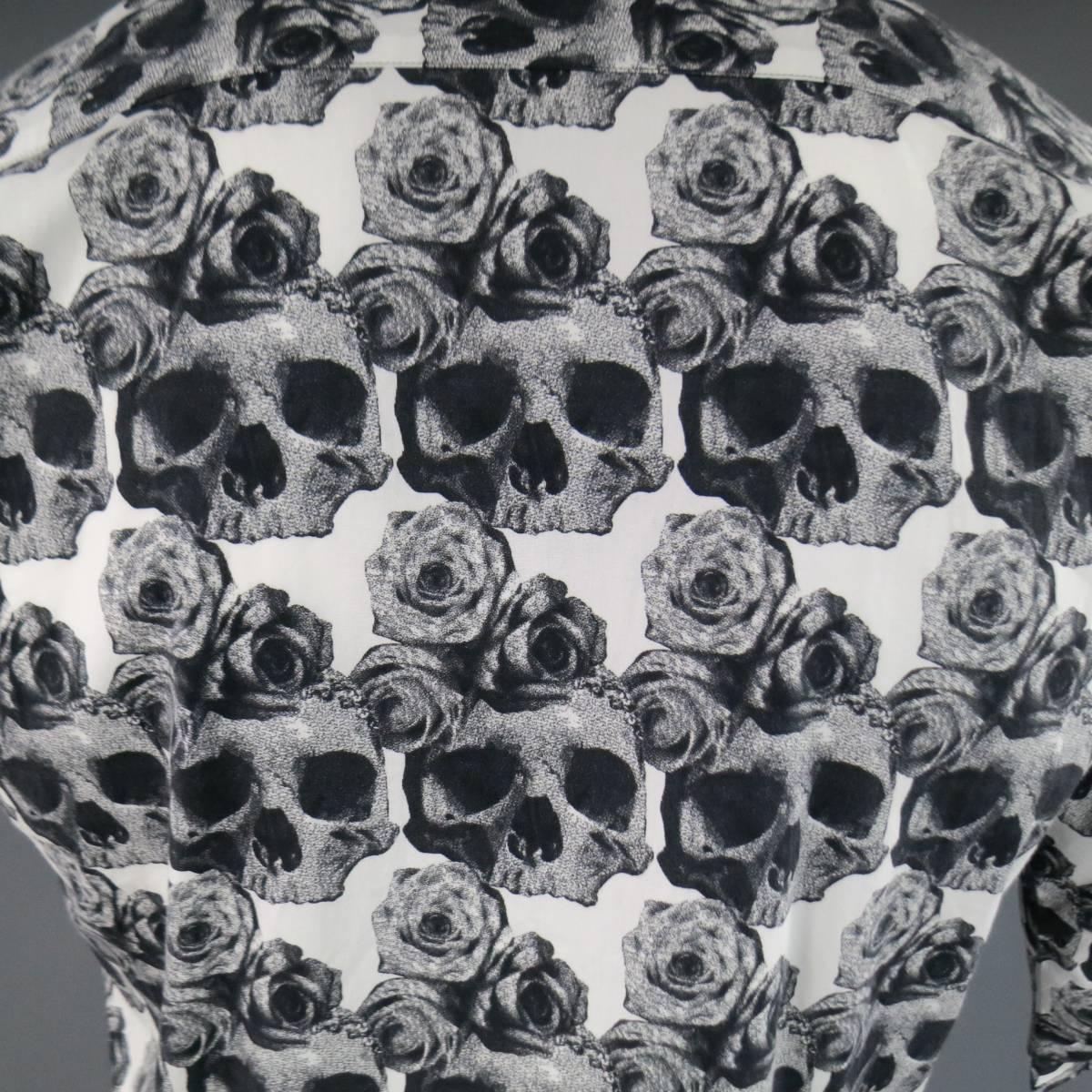 Gray COMME des GARCONS Men's S Black & White Skull & Roses Cropped Sleeve Shirt