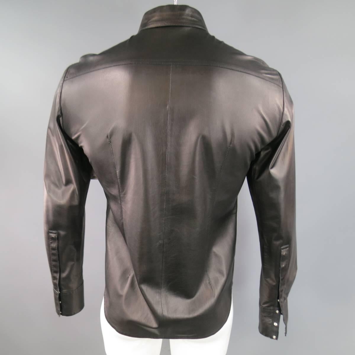 CoSTUME NATIONAL Mens Size S Black Leather Hidden Snap Placket Long Sleeve Shirt 1