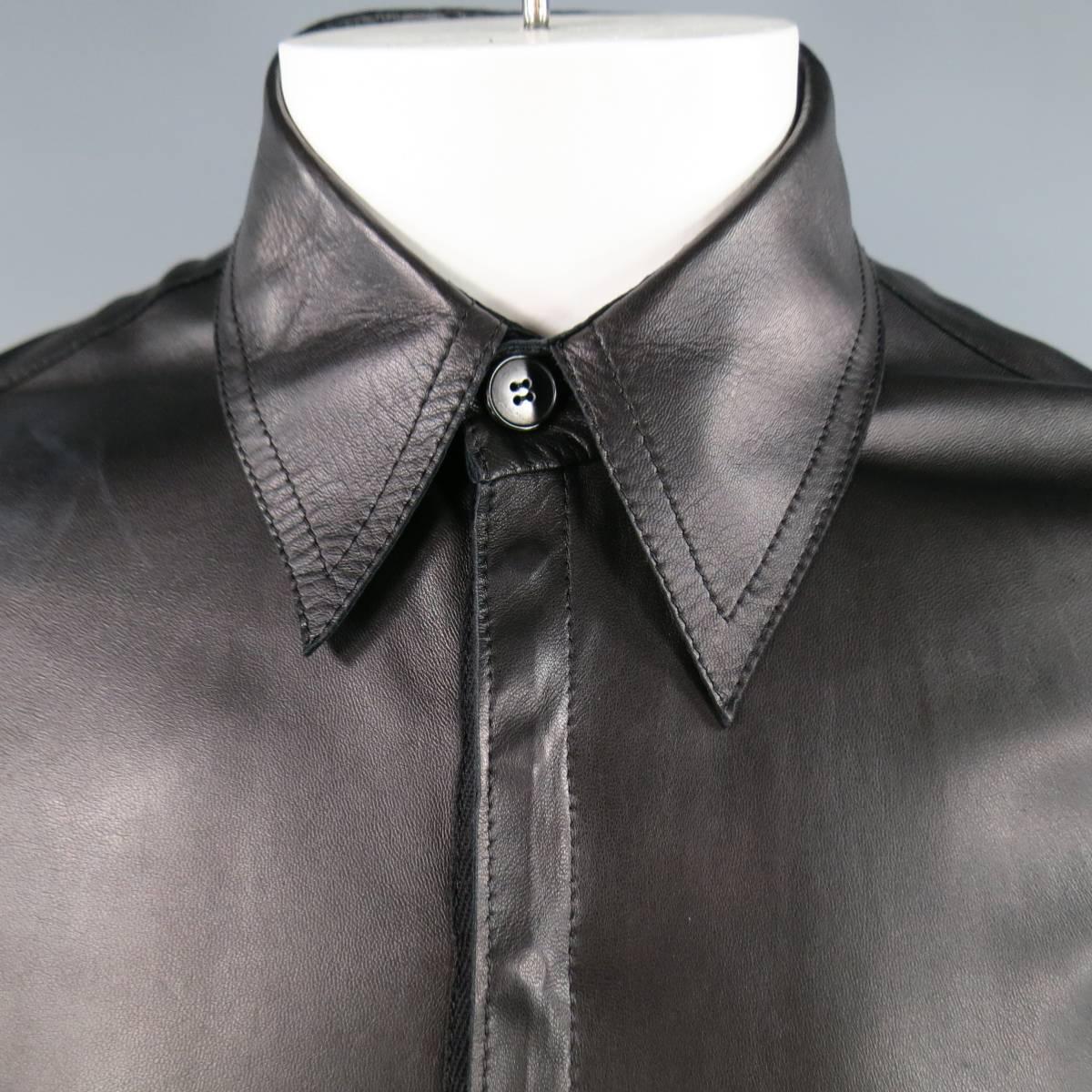 CoSTUME NATIONAL Mens Size S Black Leather Hidden Snap Placket Long Sleeve Shirt 4