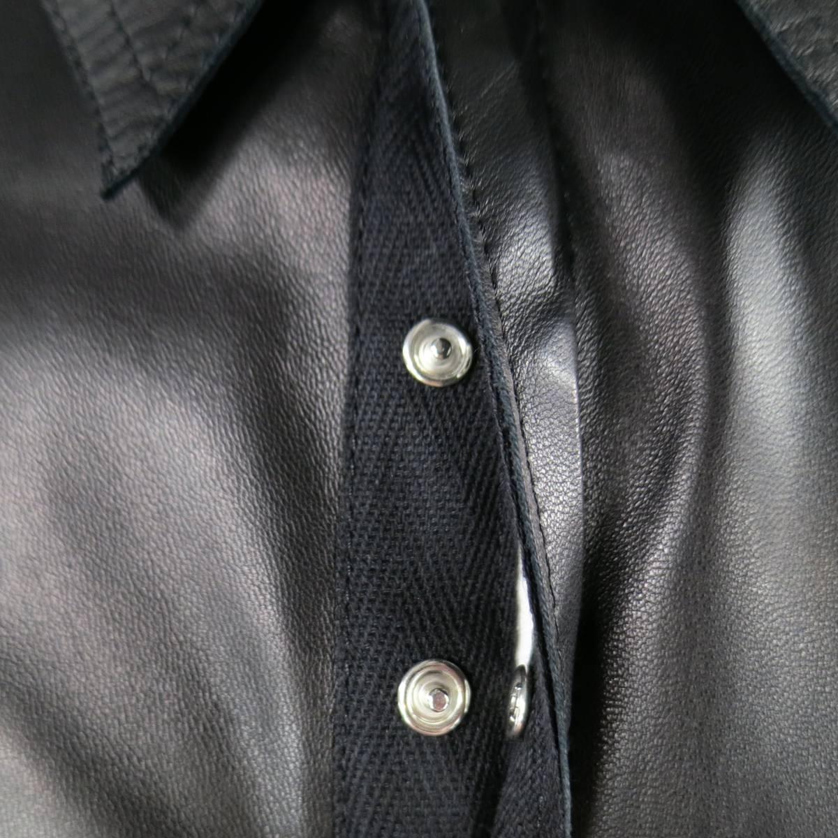 CoSTUME NATIONAL Mens Size S Black Leather Hidden Snap Placket Long Sleeve Shirt 5