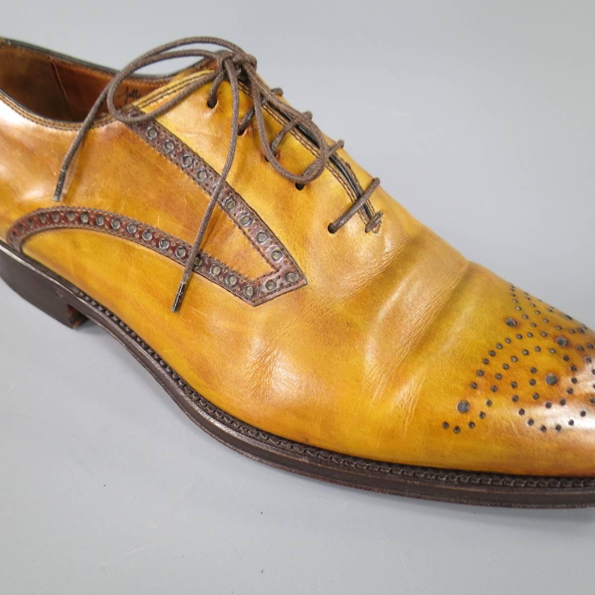 BONTONI Size 10 Men's Tan & Brown Distressed Leather Brogue Lace Up In Excellent Condition In San Francisco, CA