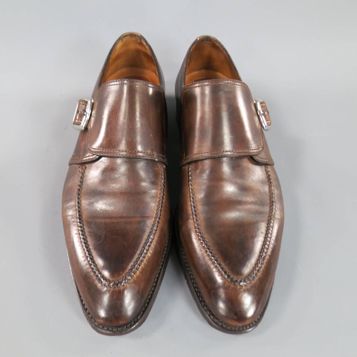 BONTONI Size 10 Men's Brown Leather Monk Strap Top Stitch Loafers In Good Condition In San Francisco, CA