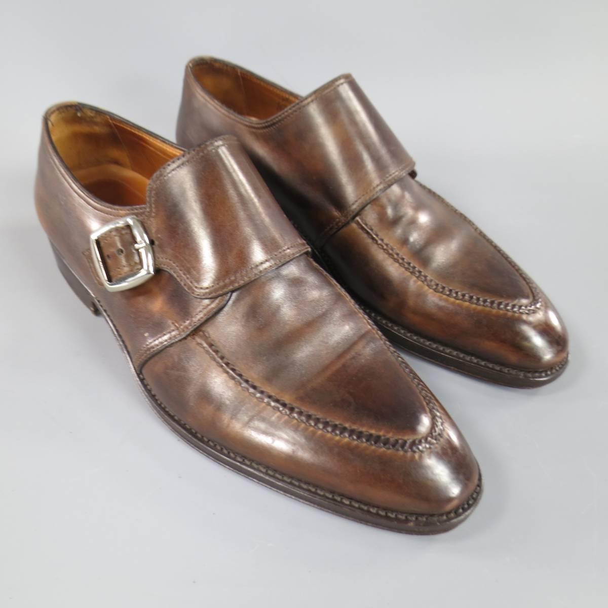 BONTONI Size 10 Men's Brown Leather Monk Strap Top Stitch Loafers 1