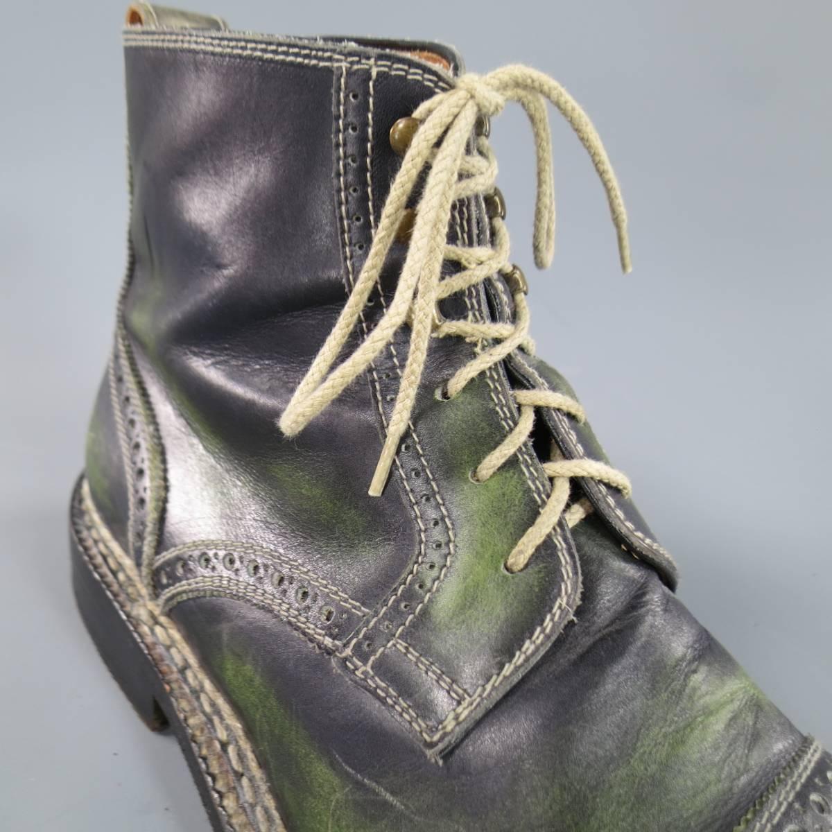 Gray BETTANIN & VENTURI Size 8 Men's Green Distressed Leather Wingtip Boots