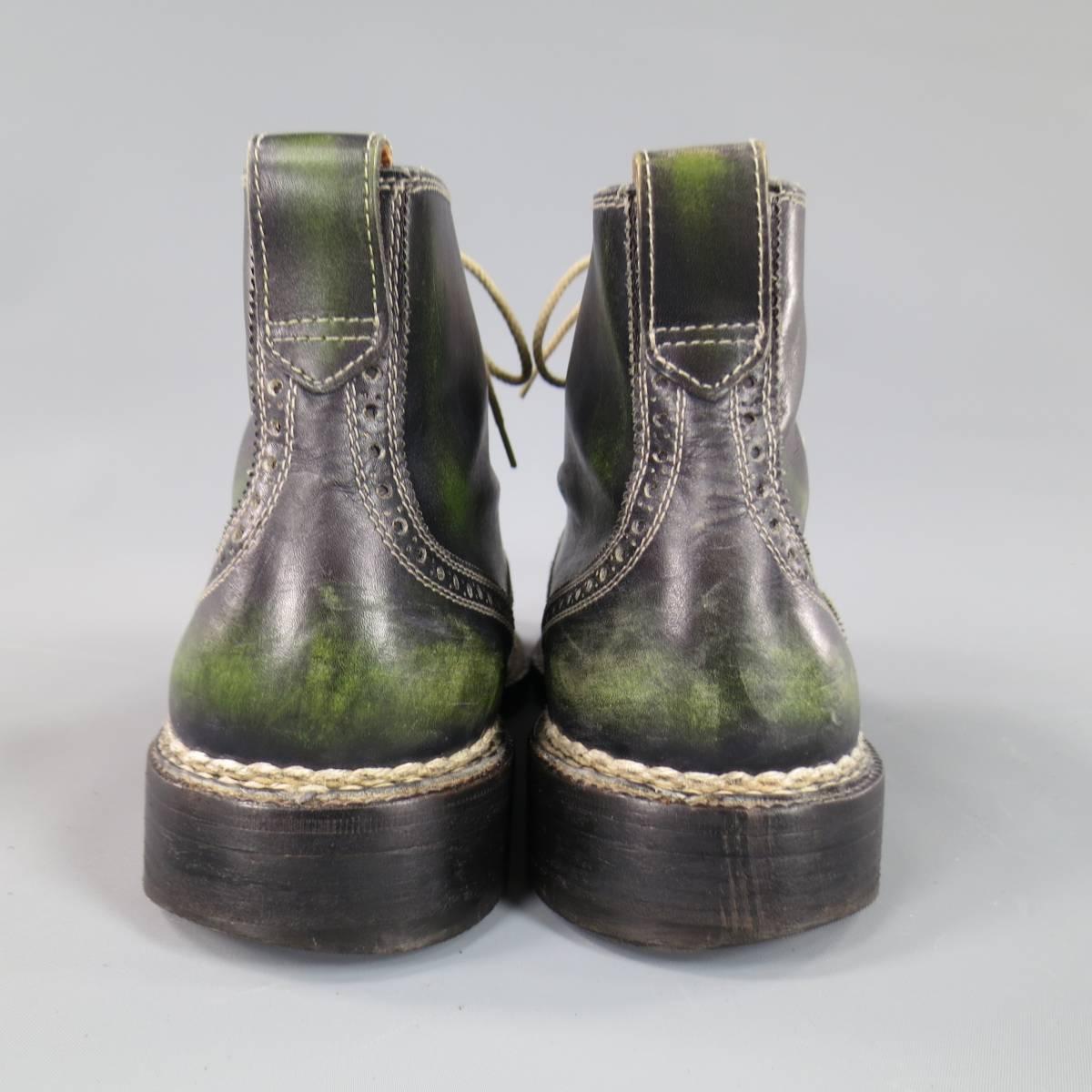 BETTANIN & VENTURI Size 8 Men's Green Distressed Leather Wingtip Boots In Good Condition In San Francisco, CA