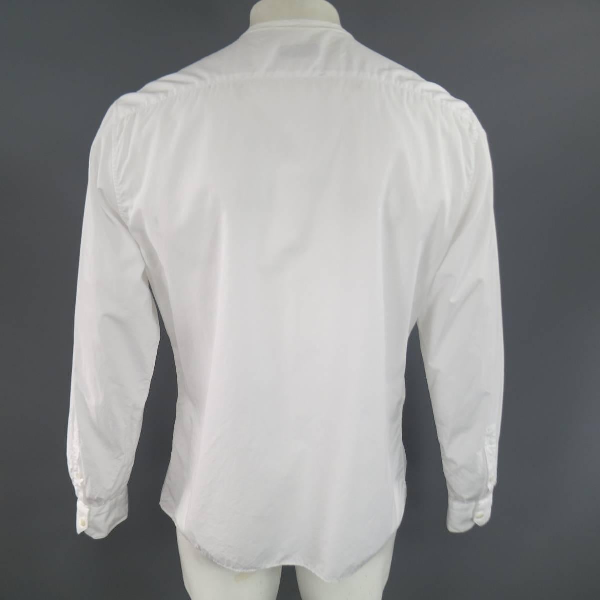 LANVIN Size L Men's White Pleated Cotton Collarless Long Sleeve Shirt 1