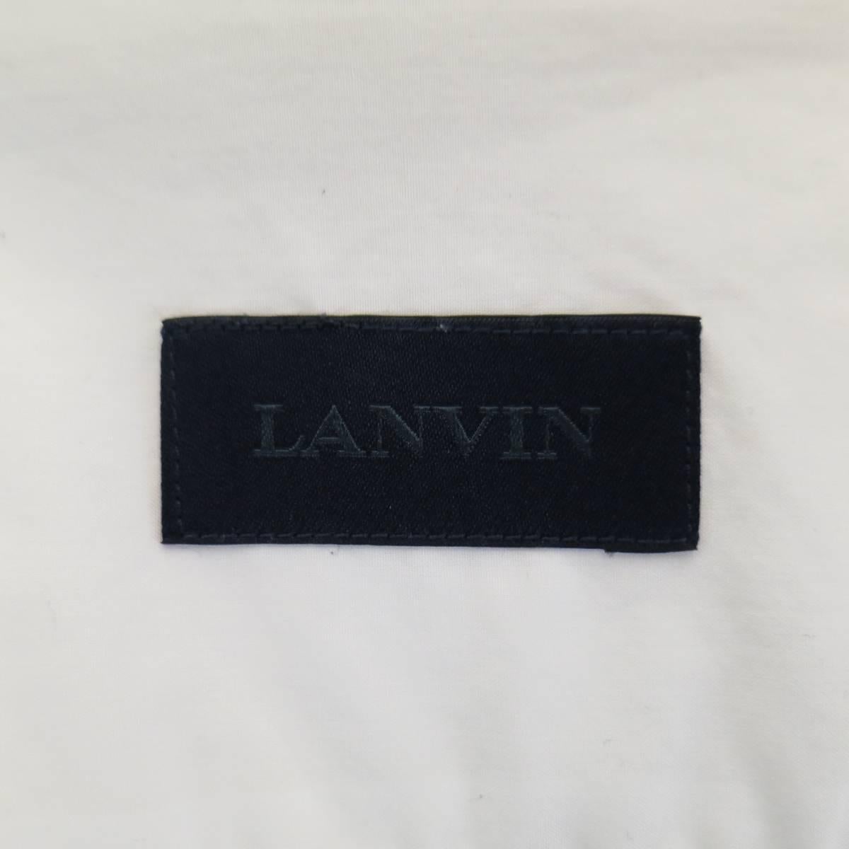 LANVIN Size L Men's White Pleated Cotton Collarless Long Sleeve Shirt 2