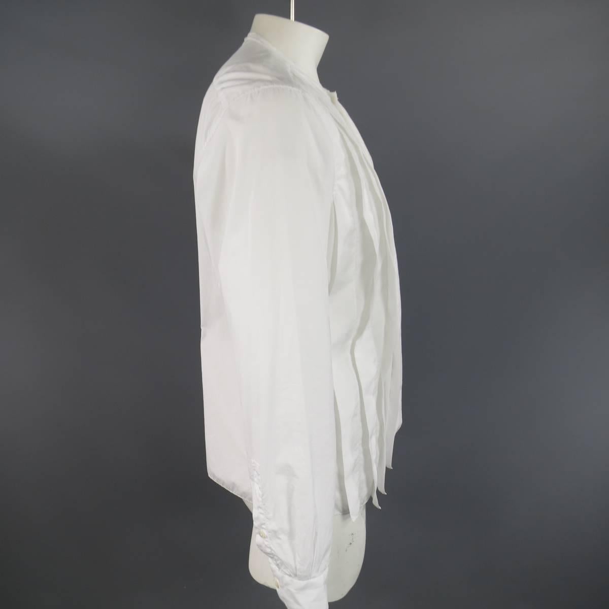 LANVIN Size L Men's White Pleated Cotton Collarless Long Sleeve Shirt In Excellent Condition In San Francisco, CA