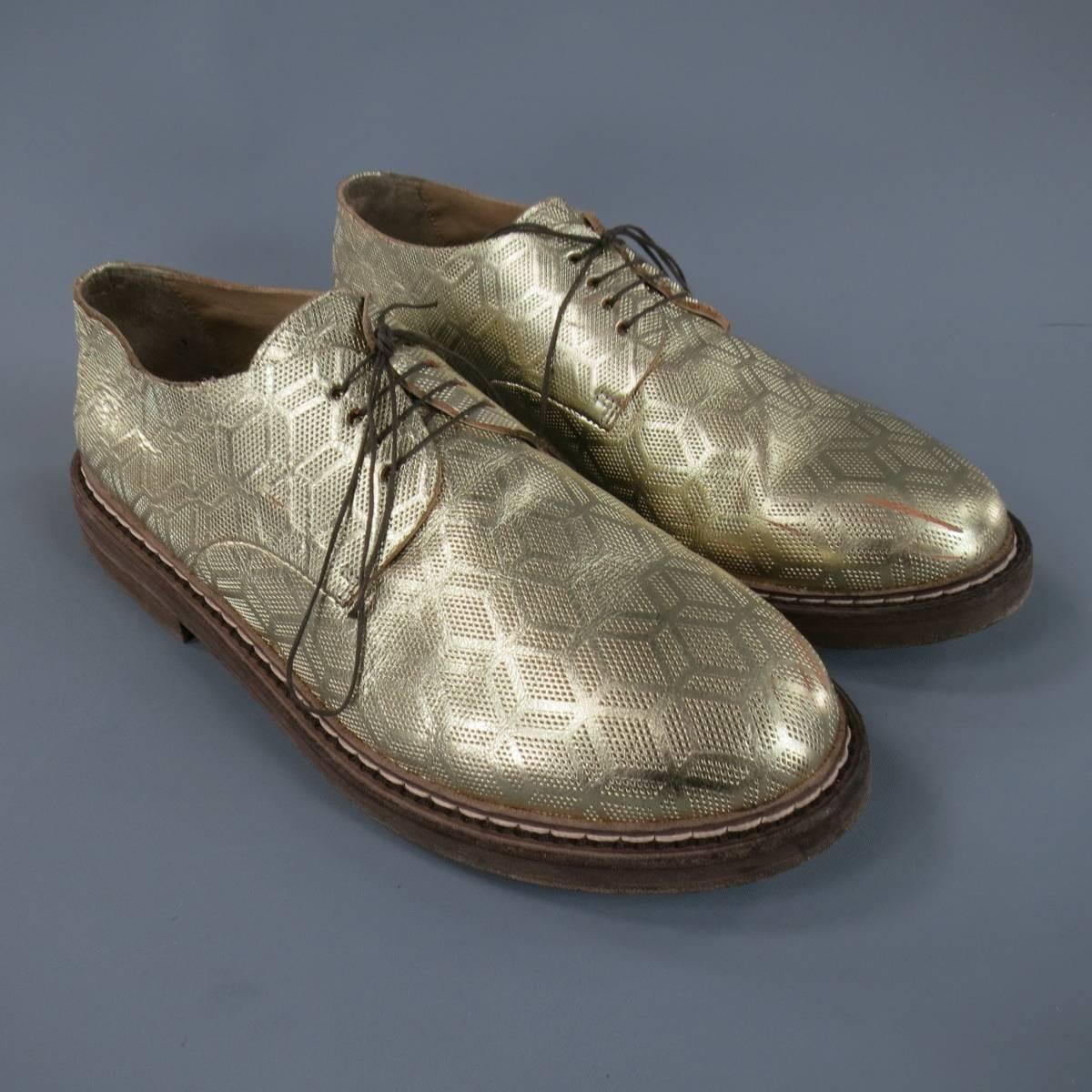 MARSELL Size 8 Men's Metallic Gold Geometric Honeycomb Leather Lace Up Derbys In Excellent Condition In San Francisco, CA