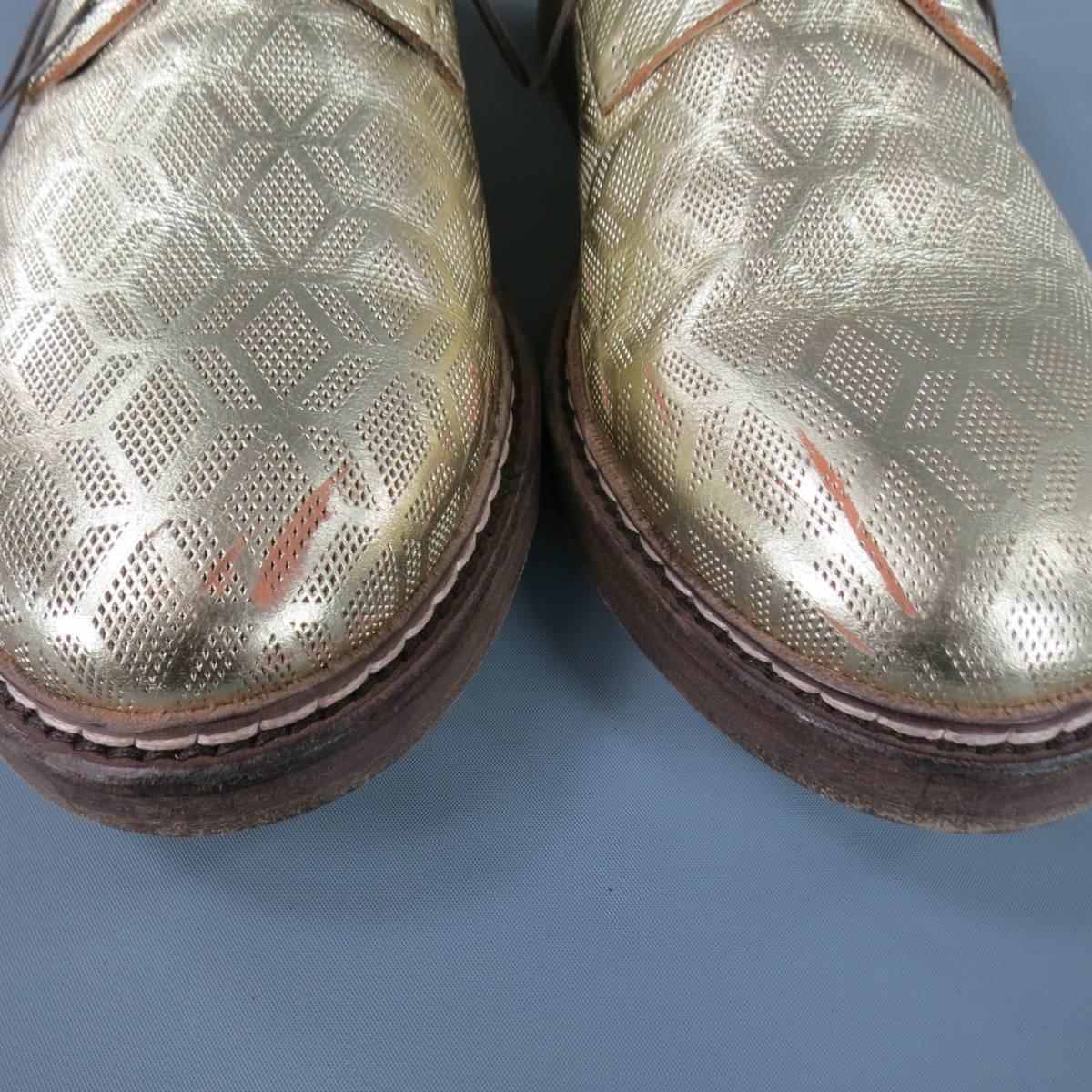 MARSELL Size 8 Men's Metallic Gold Geometric Honeycomb Leather Lace Up Derbys 1