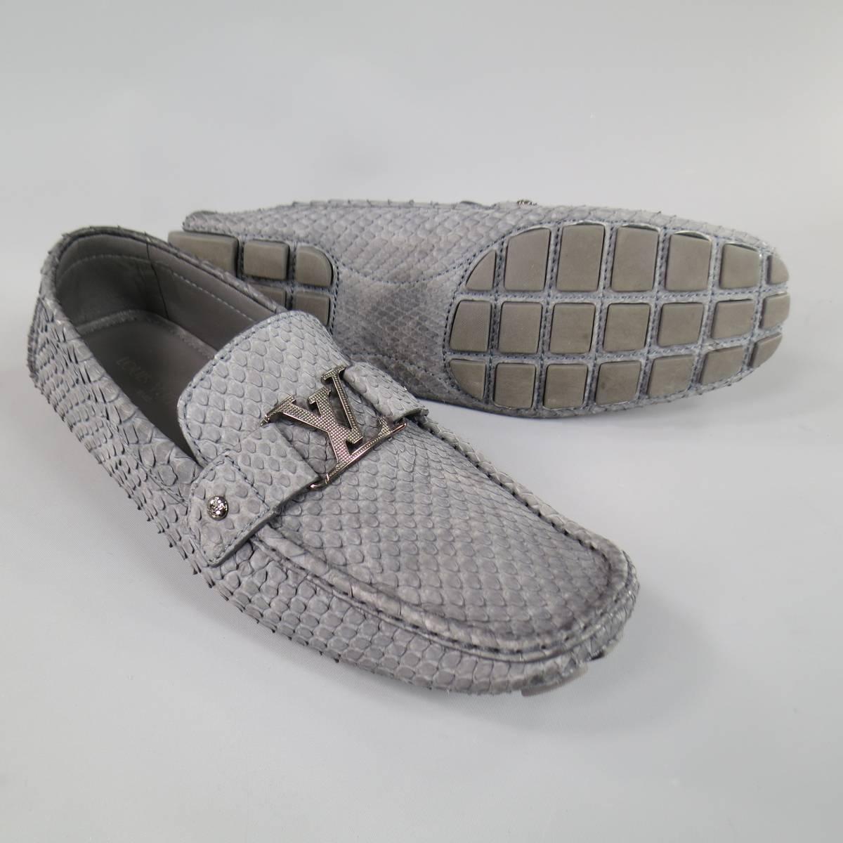 LOUIS VUITTON Size 12.5 Gray Snake Skin LV Driver Loafers at 1stdibs
