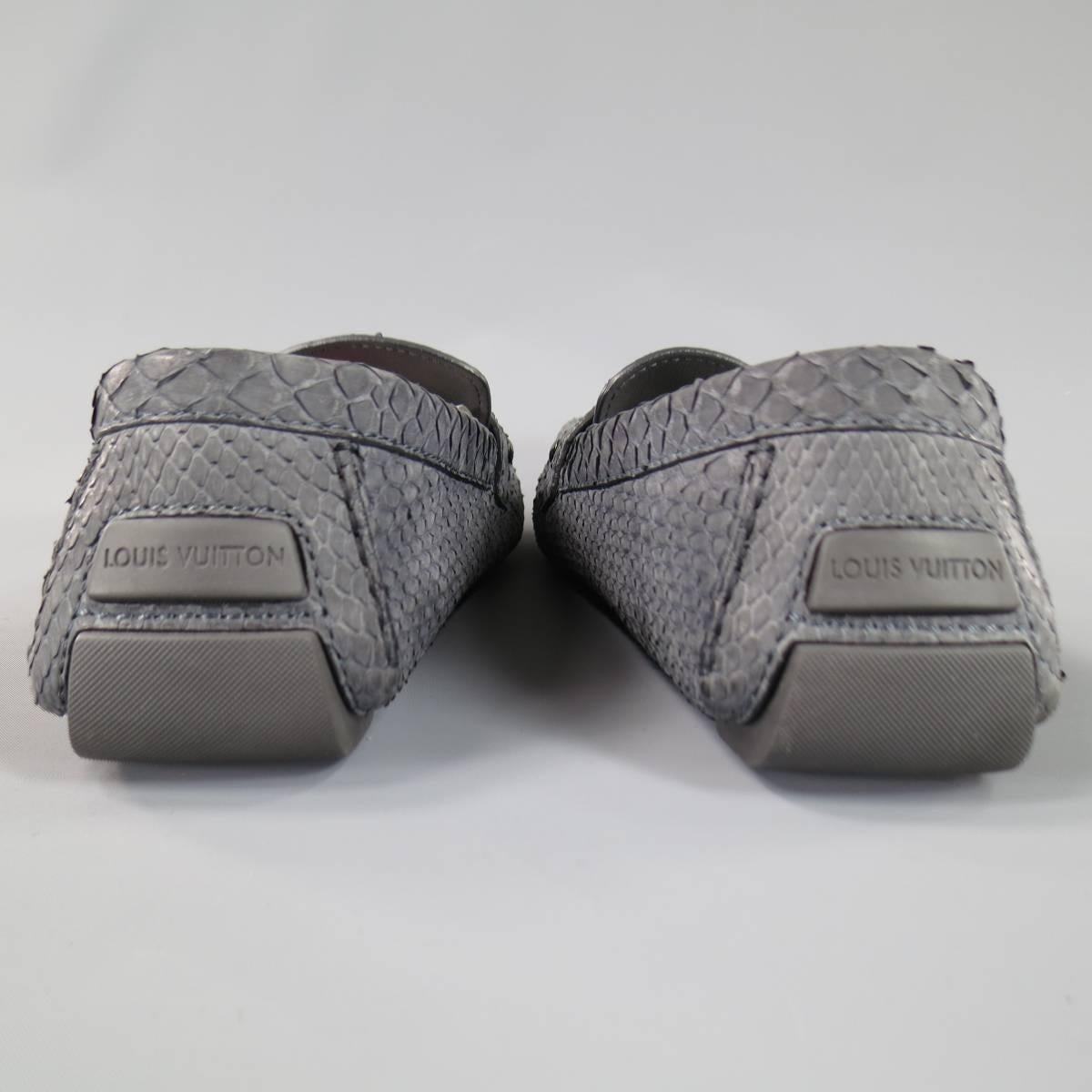 LOUIS VUITTON Size 12.5 Gray Snake Skin LV Driver Loafers In Excellent Condition In San Francisco, CA