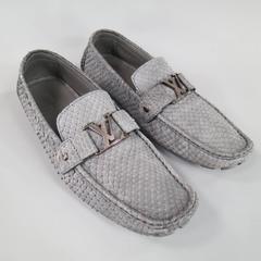 LOUIS VUITTON Size 12.5 Gray Snake Skin LV Driver Loafers