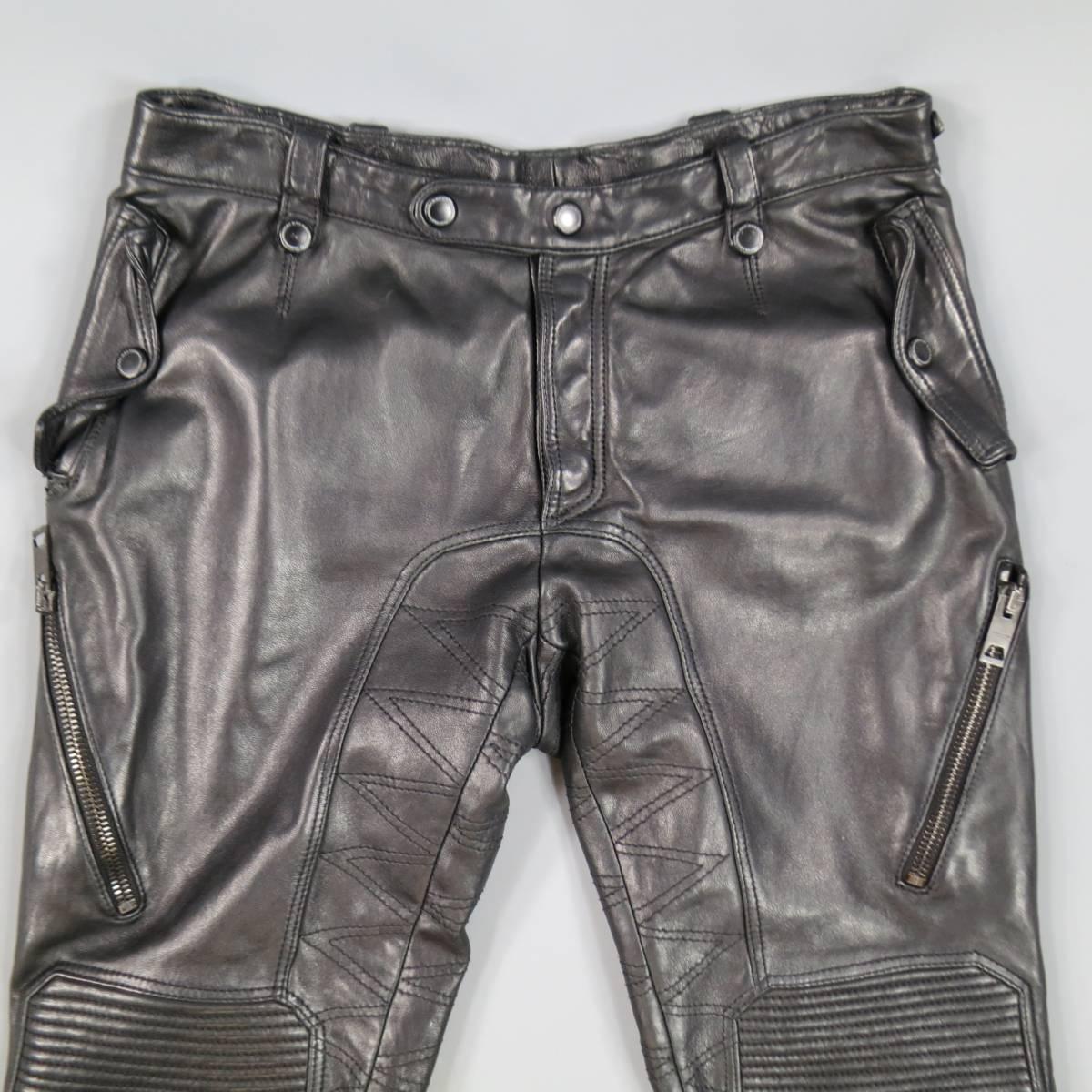 BURBERRY PRORSUM Leather Pants - Size 31 Distressd Black Quilted Motorcycle In Excellent Condition In San Francisco, CA