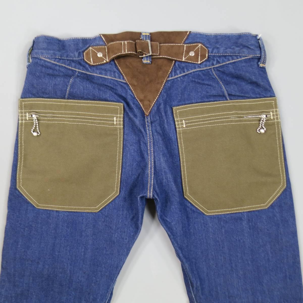 Junya Watanabe Men's Indigo Denim Brown Suede Panel Pocket Jeans 201, Size M  1