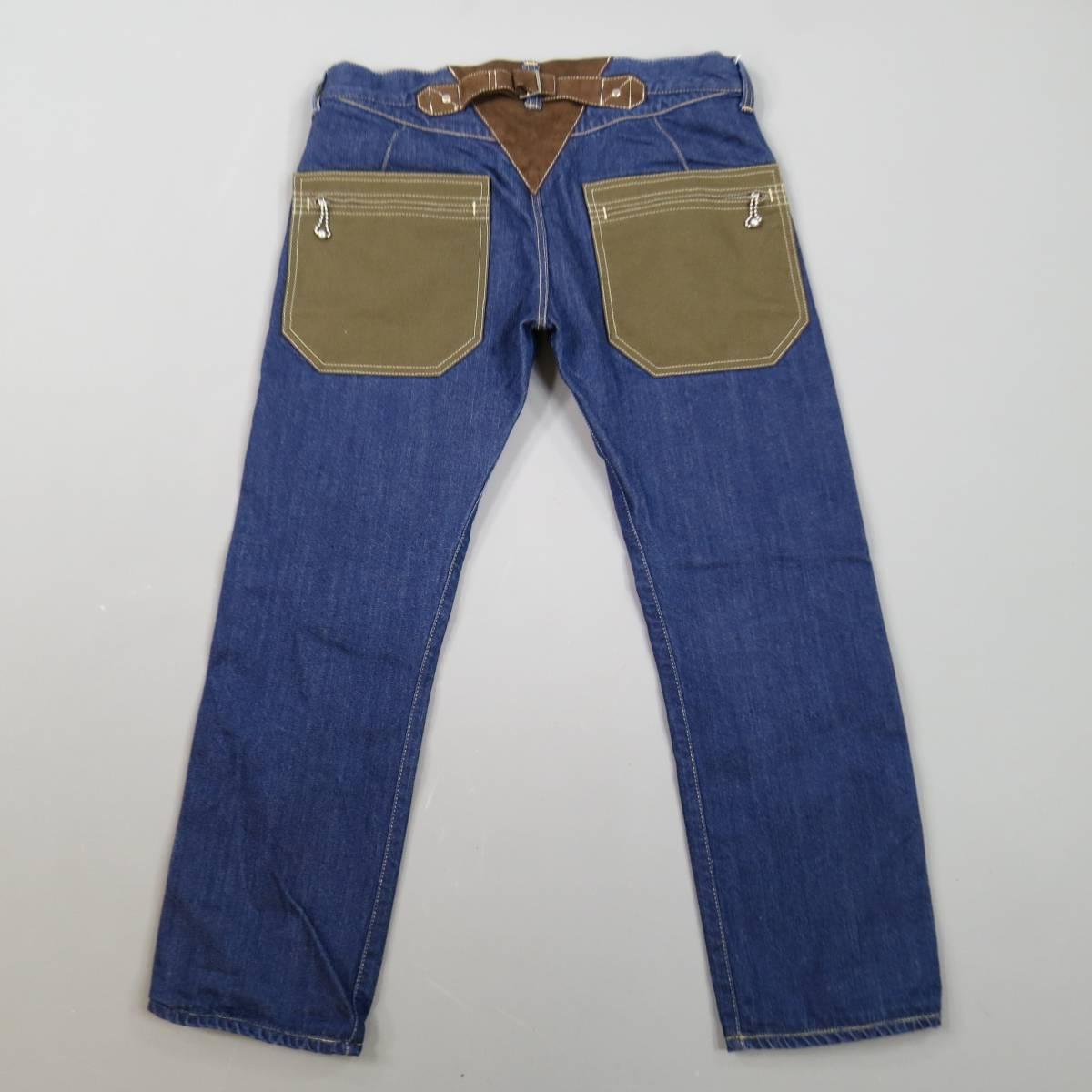Junya Watanabe Men's Indigo Denim Brown Suede Panel Pocket Jeans 201, Size M  2