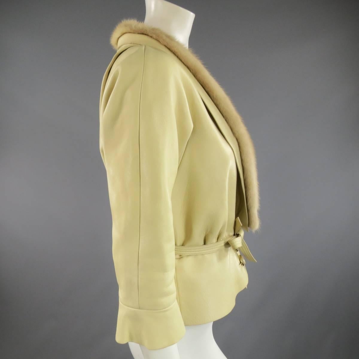 MARC JACOBS Size 6 Beige Leather Mink Collar Cropped Jacket 2