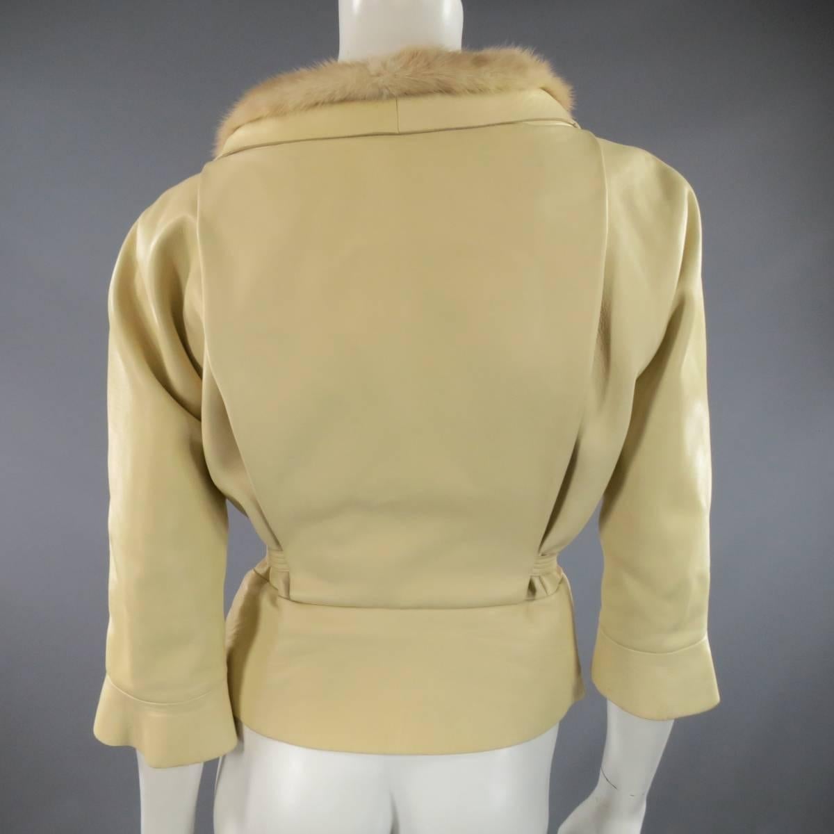 MARC JACOBS Size 6 Beige Leather Mink Collar Cropped Jacket 1