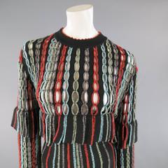 ALAIA Size L Black & Earth Tone Dot Striped Cutout Knit Fringe Dress Circa 1993
