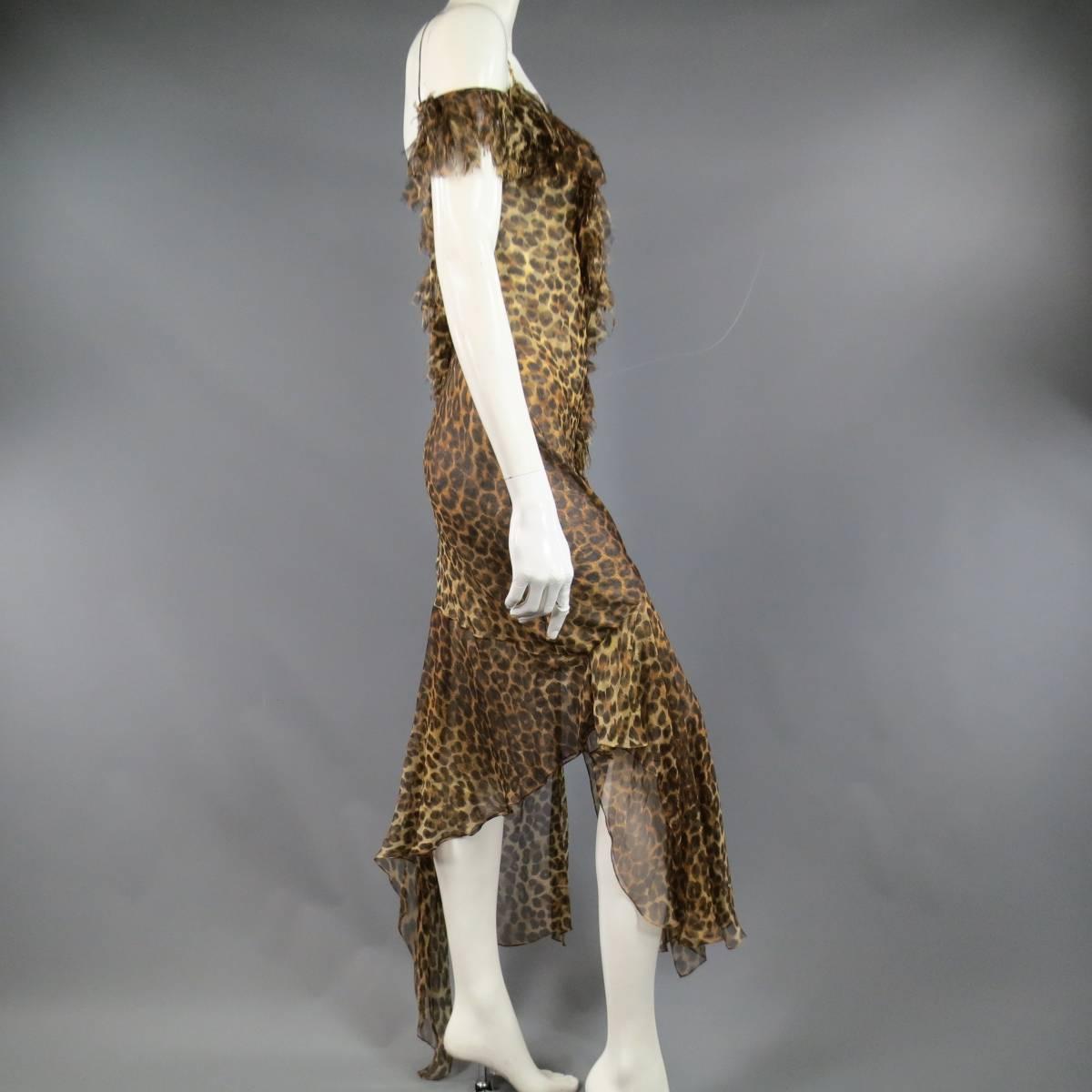 CHRISTIAN DIOR Size 6 Leopard Silk Fringe Ruffle CD Strap Cocktail Dress In Excellent Condition In San Francisco, CA