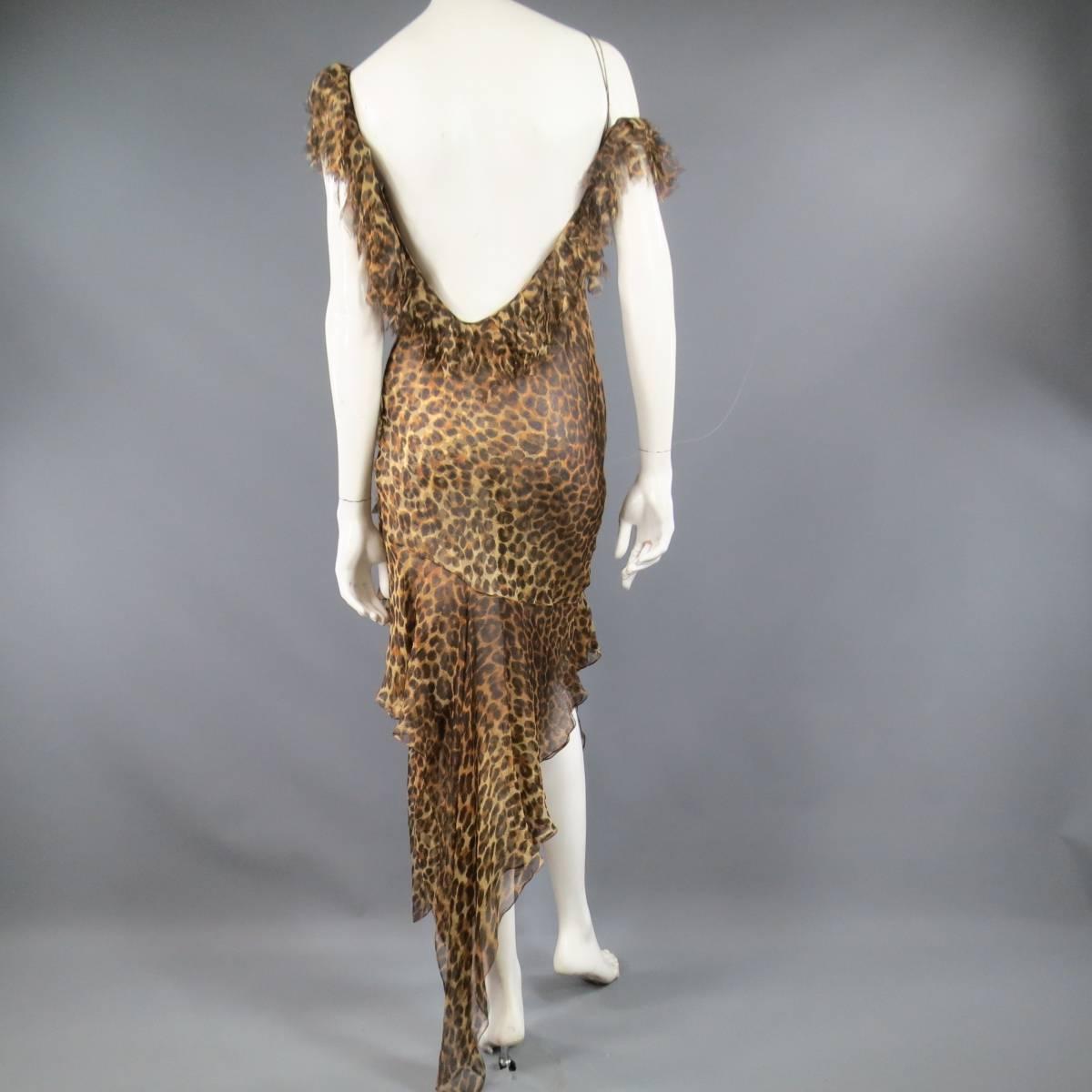 Women's CHRISTIAN DIOR Size 6 Leopard Silk Fringe Ruffle CD Strap Cocktail Dress