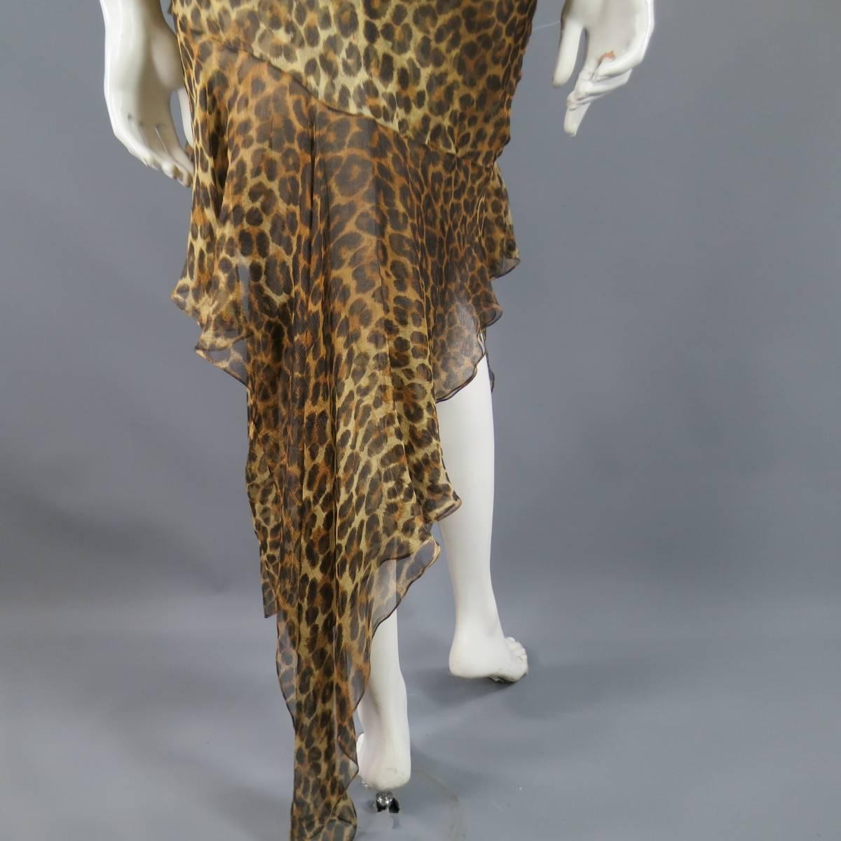 CHRISTIAN DIOR Size 6 Leopard Silk Fringe Ruffle CD Strap Cocktail Dress 2