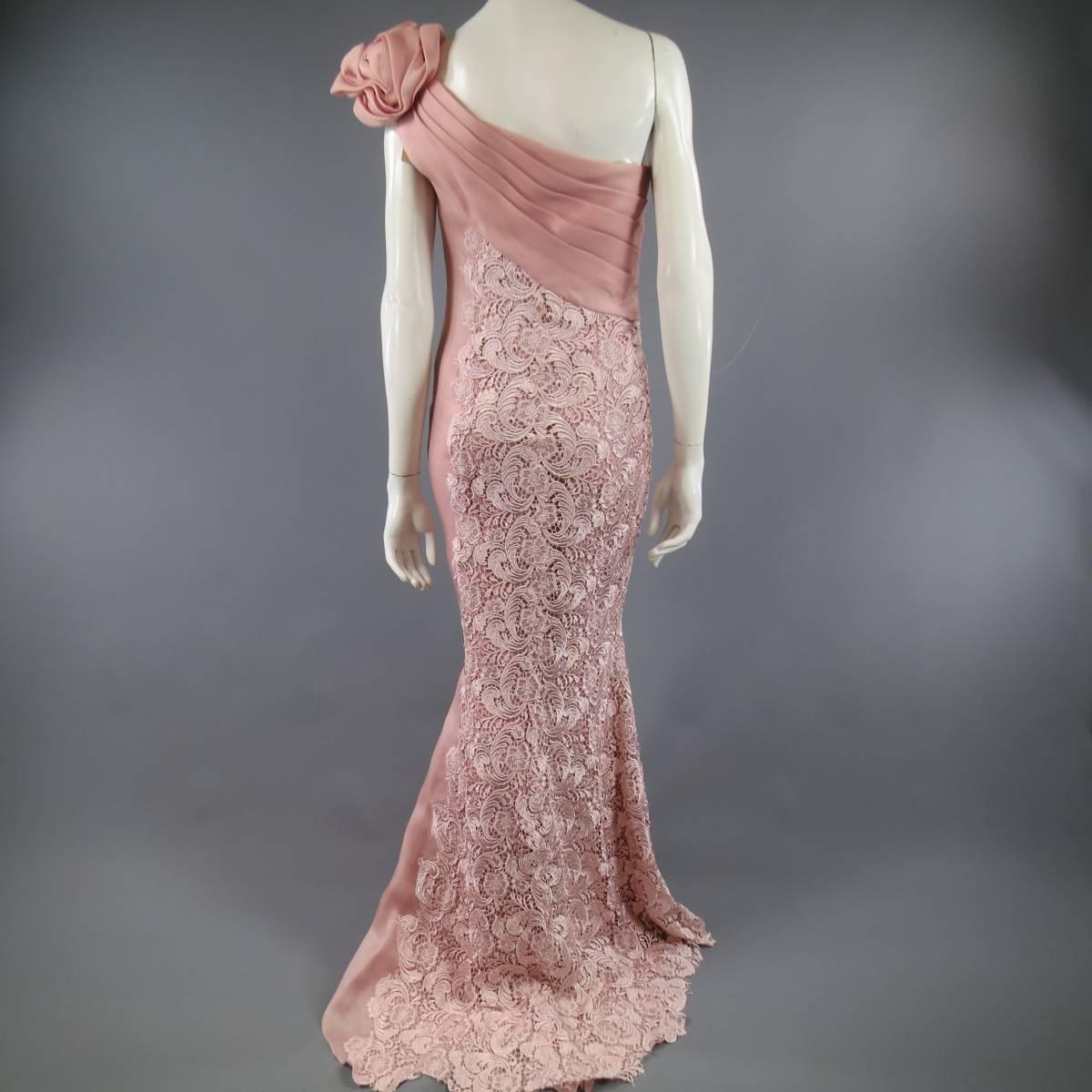TONY WARD Dress 8 Pink Lace Ruched Shoulder Rufle Evening Gown - Retails $3800 In Excellent Condition In San Francisco, CA