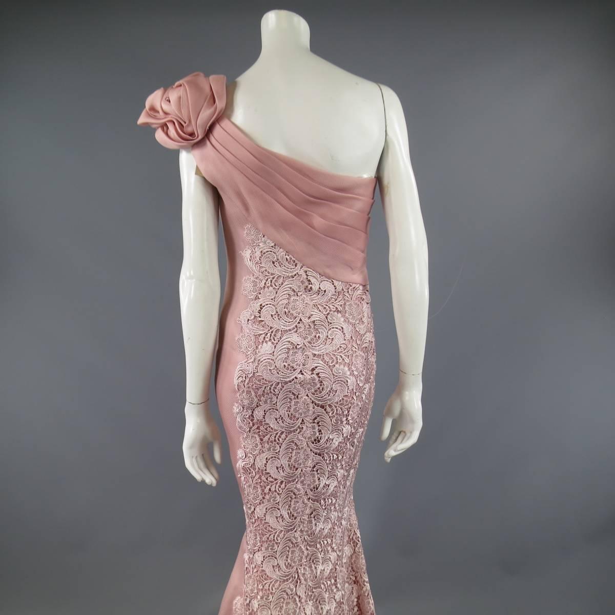 Women's TONY WARD Dress 8 Pink Lace Ruched Shoulder Rufle Evening Gown - Retails $3800