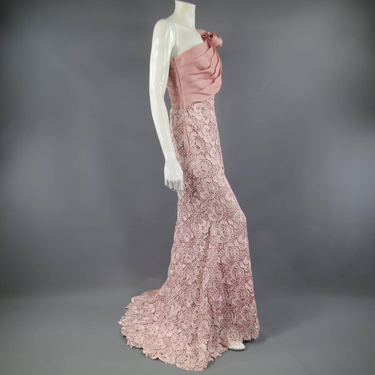 Brown TONY WARD Dress 8 Pink Lace Ruched Shoulder Rufle Evening Gown - Retails $3800