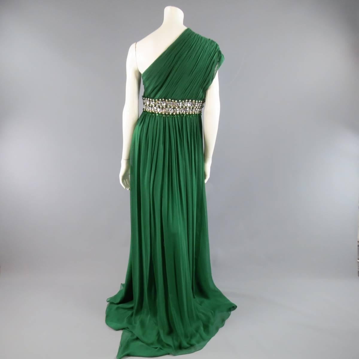 Women's NAEEM KHAN Size 8 Emerald Green Silk Onse Shoulder Crystal Waist Evening Gown