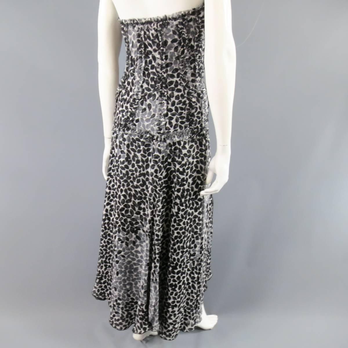LIANCARLO Size 8 Black & White Printed Silk Raw Edge Sequin Bustier Evening Gown 2
