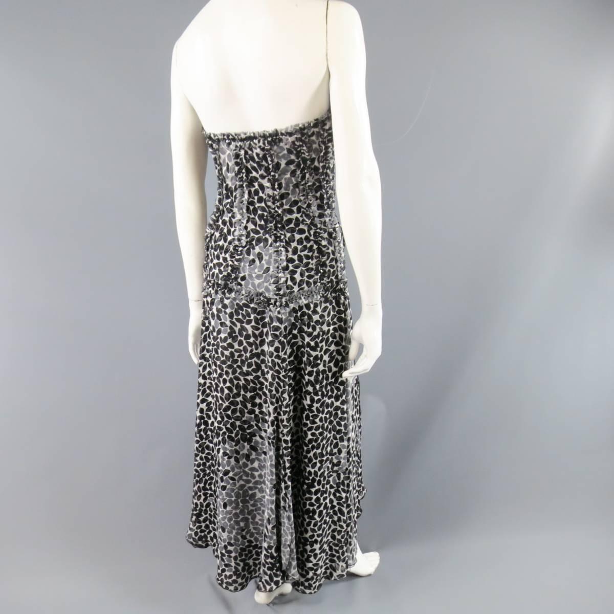 LIANCARLO Size 8 Black & White Printed Silk Raw Edge Sequin Bustier Evening Gown 3