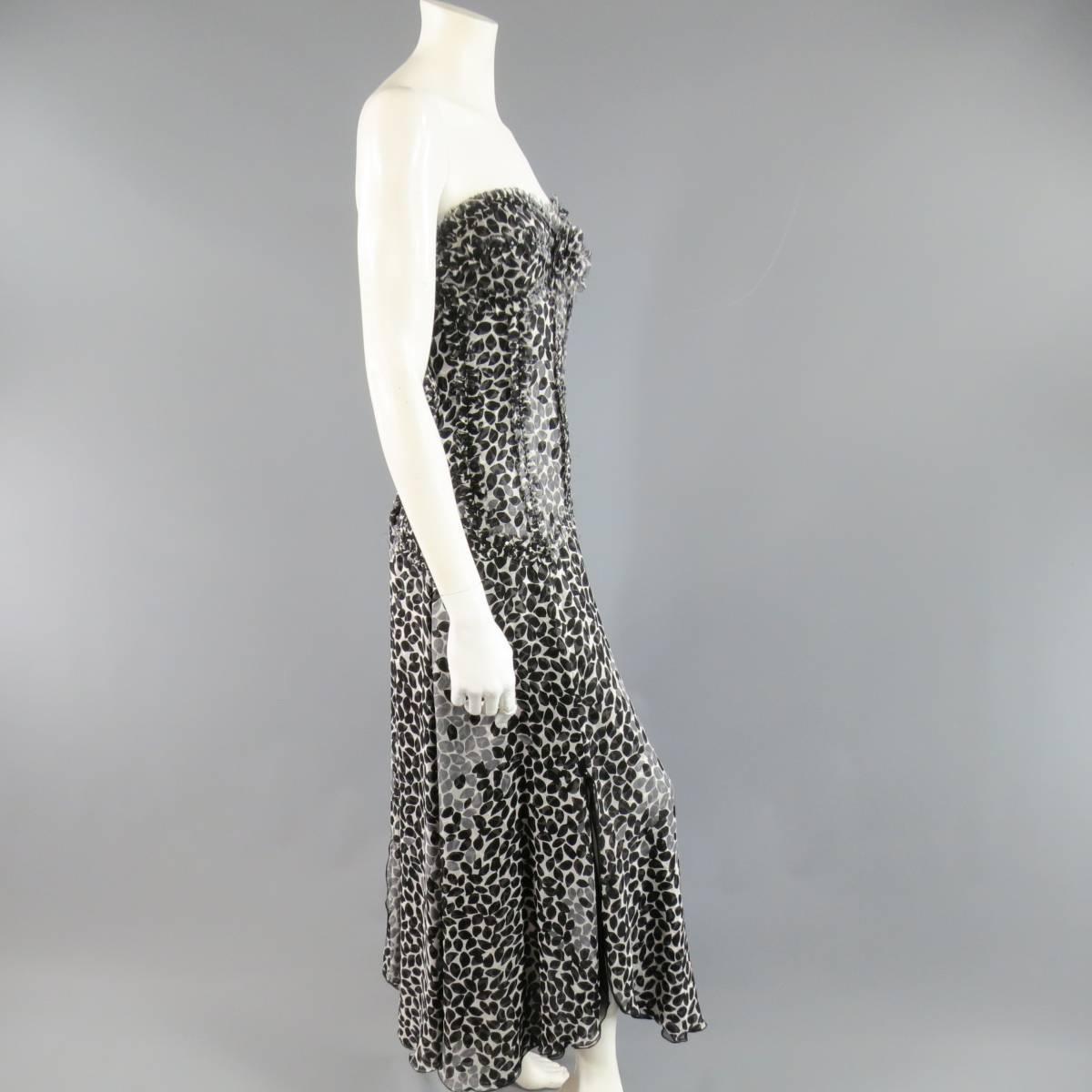 LIANCARLO Size 8 Black & White Printed Silk Raw Edge Sequin Bustier Evening Gown 1