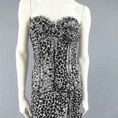 LIANCARLO Size 8 Black & White Printed Silk Raw Edge Sequin Bustier Evening Gown