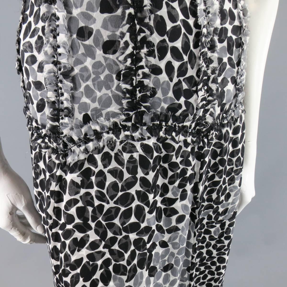 Women's LIANCARLO Size 8 Black & White Printed Silk Raw Edge Sequin Bustier Evening Gown