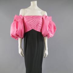 MICHAEL NOVARESE Size 4 Pink & Black Off Shoulder Puff Sleeve Column Gown