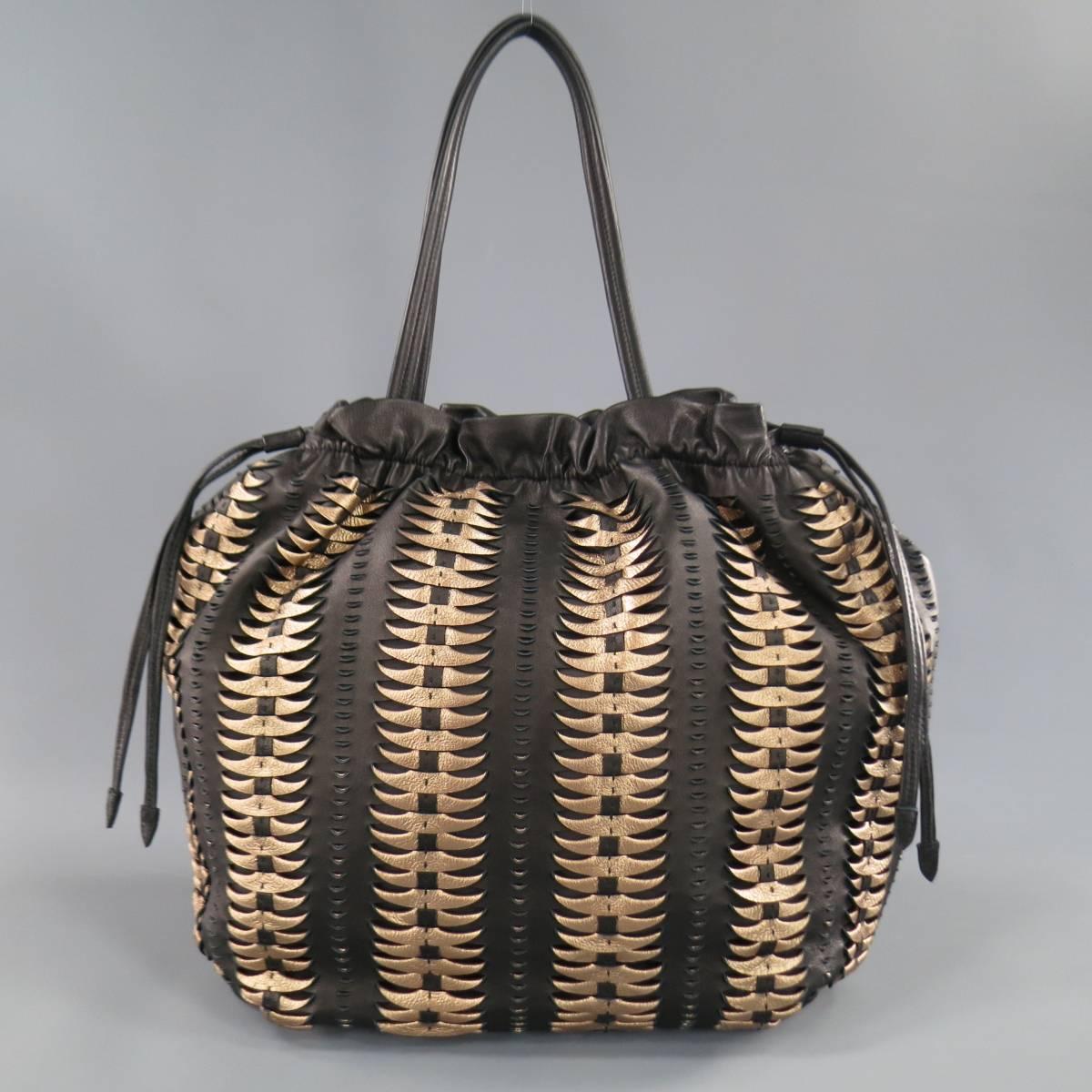 ELIE TAHARI Black & Copper Woven Leather Drawstring Tote Bag 1