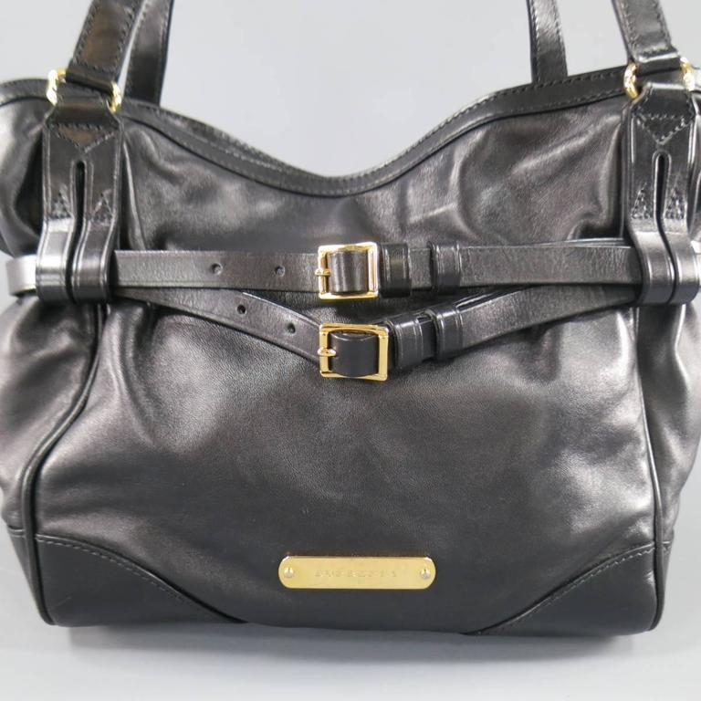 BURBERRY Black Leather Double Belted Gold Buckle Shoulder Bag at