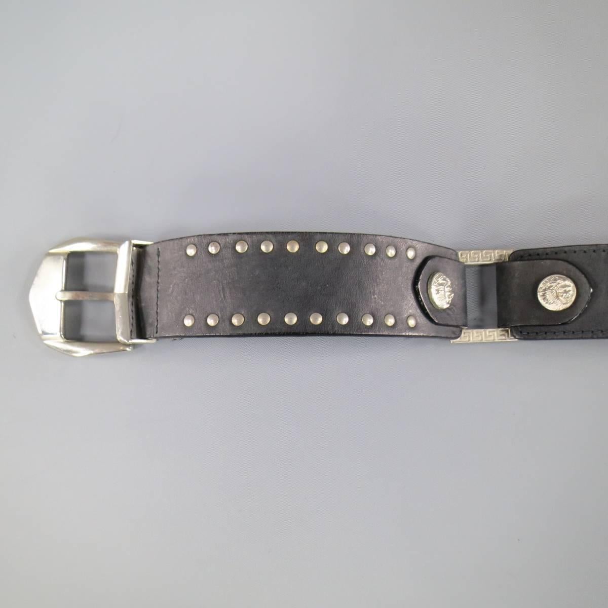 Gray Vintage VERSUS by GIANNI VERSACE Size 34 Black Silver Studded Lion Head Belt