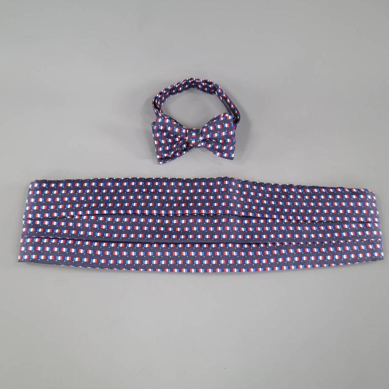 Men's Vintage HERMES Silk Navy French Flag Print Bow Tie Cummerbund Set