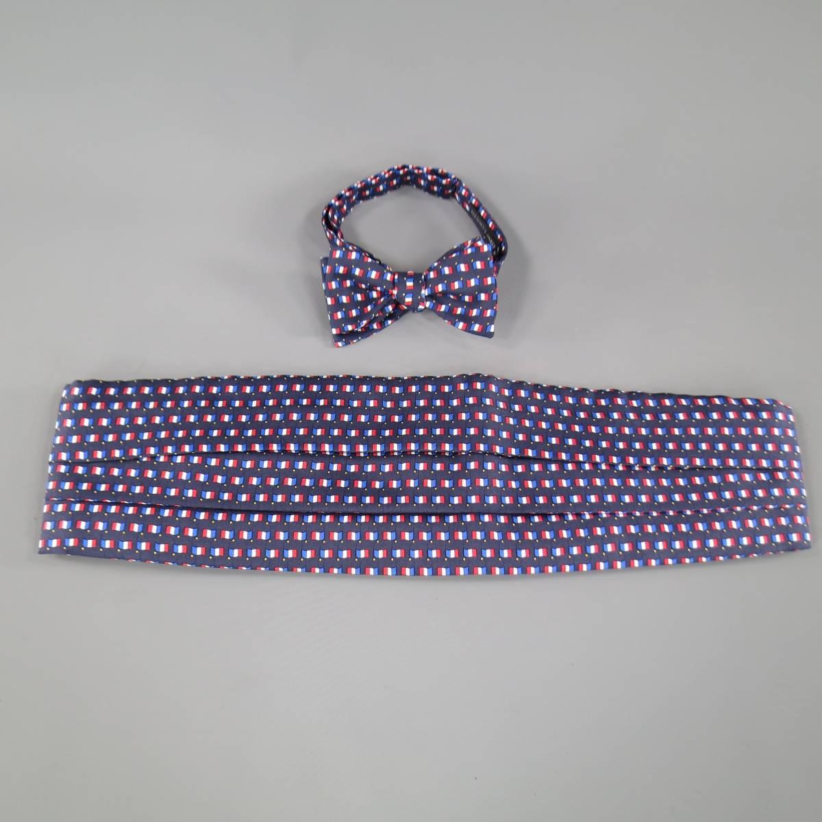 Men's Vintage HERMES Silk Navy French Flag Print Bow Tie Cummerbund Set 1