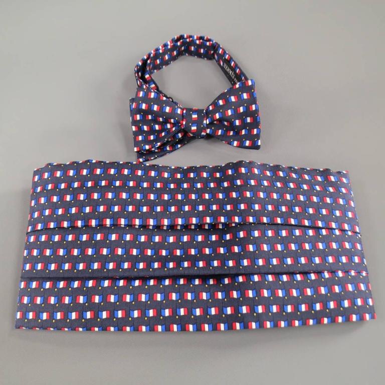 Men's Vintage HERMES Silk Navy French Flag Print Bow Tie Cummerbund Set